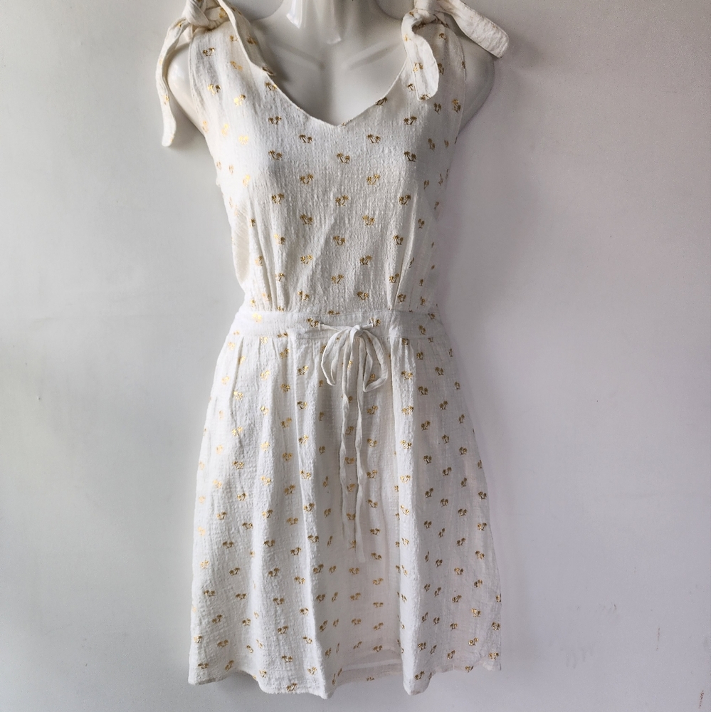 FOR CYNTHIA 100% Cotton Cream White Dress With Gold Palm Trees